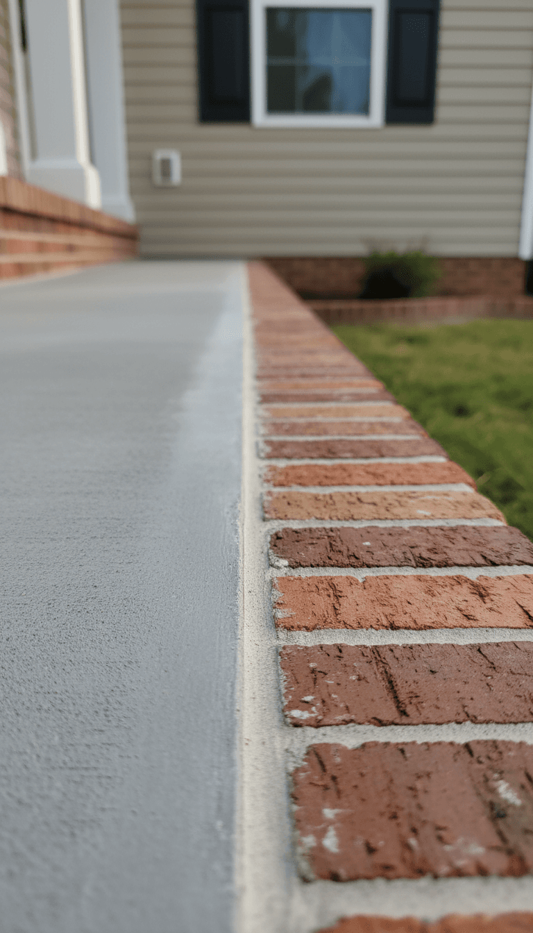 Detail of a clean concrete edge meeting a brick front stoop with sealed finish