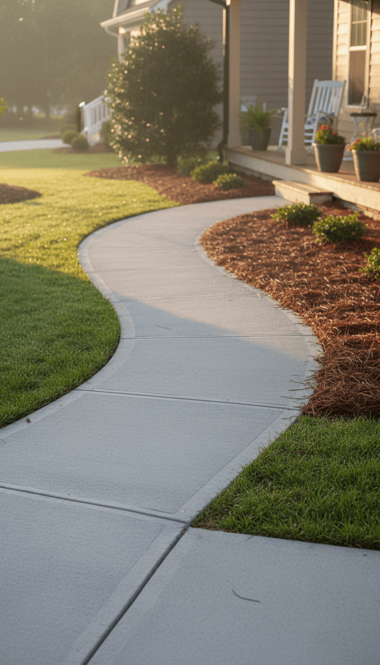 Smooth concrete walkway leading to a home porch with clean landscaping