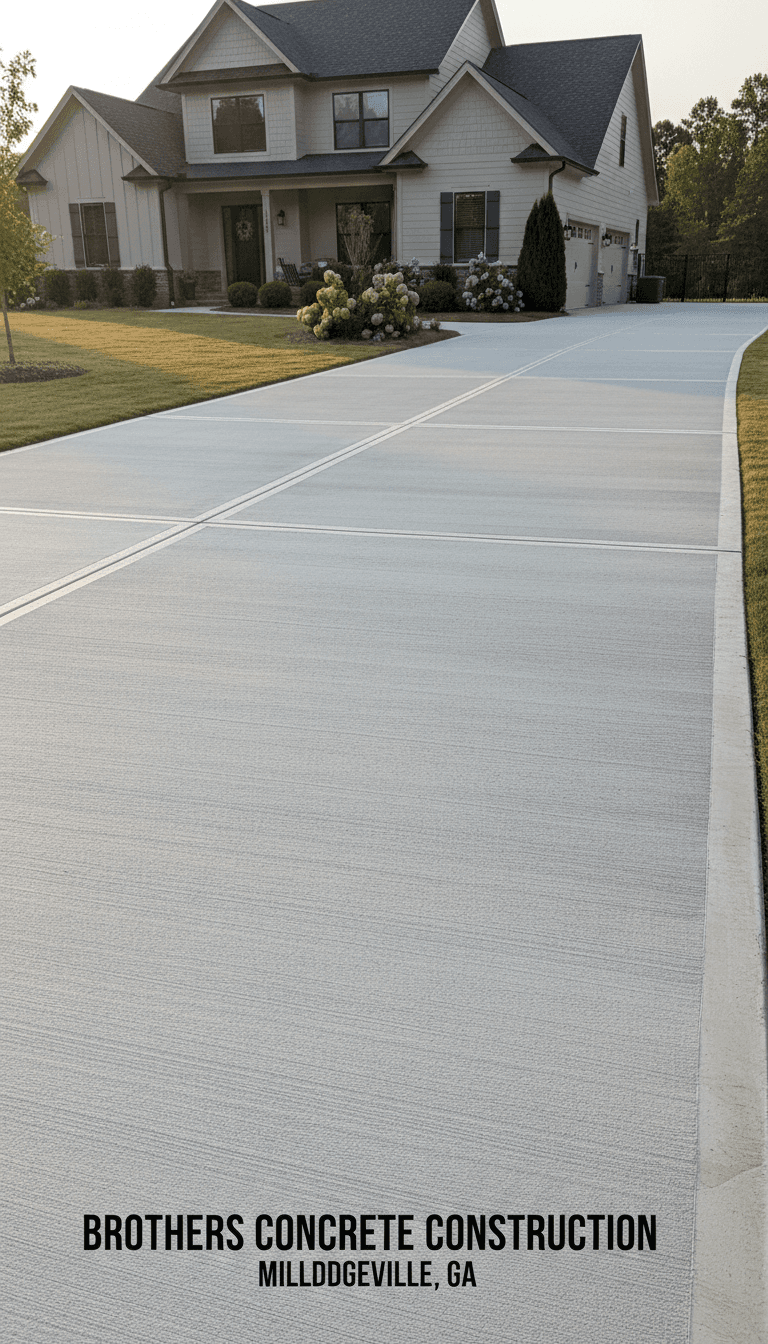 Long, broom-finished concrete driveway with clean joints leading to a large modern farmhouse.