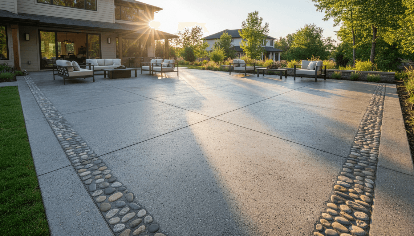 Exposed aggregate patio with connecting concrete walkway in a backyard