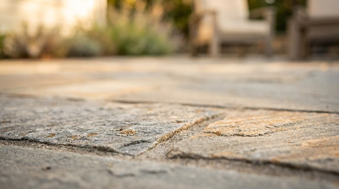 Stamped concrete patio with wood-grain texture and shadowed edge