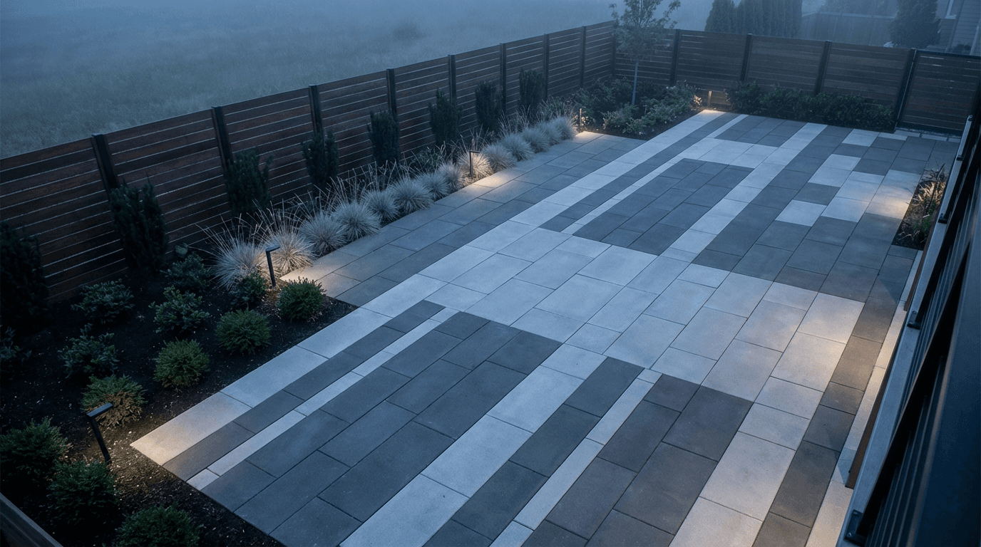 Old uneven patio pavers beside a fresh large concrete patio slab