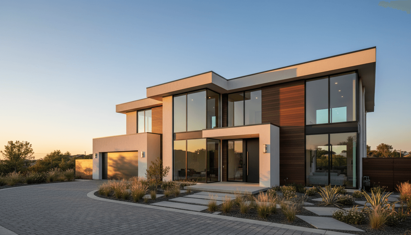Wide concrete driveway leading to a modern home with clean lines