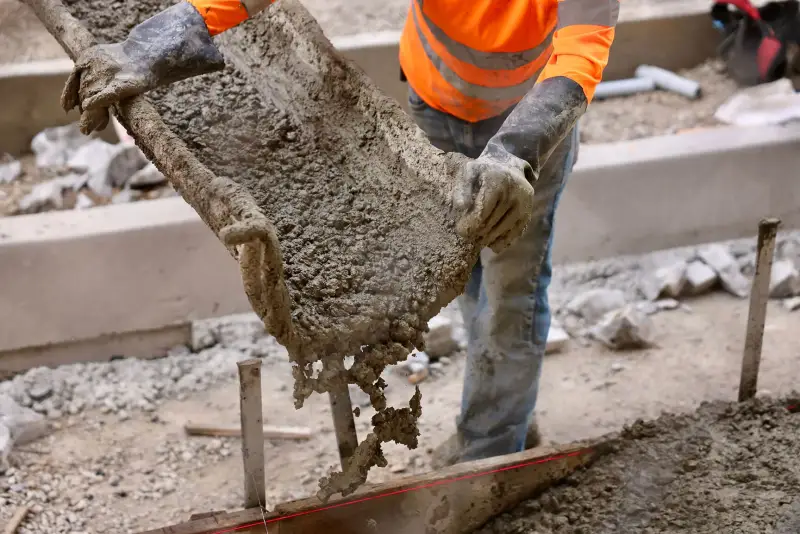 Worker in orange vest pouring wet concrete from a chute into a construction form.
